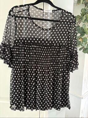 Black Polka Dot Sheer Smocked Women’s Top